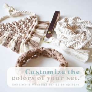 May include: A set of three macrame dog collars and leashes in beige and white with brown leather accents. Customize the colors of your set. Send me a message for color options.