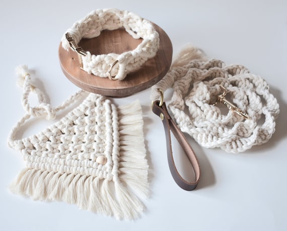 Macrame Dog Accessory Set: Boho Bandana, Collar & Leash