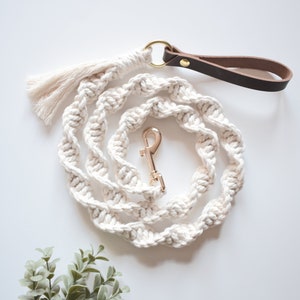 May include: A white cotton rope dog leash with a brown leather handle and a gold metal clasp. The leash has a white tassel at one end.