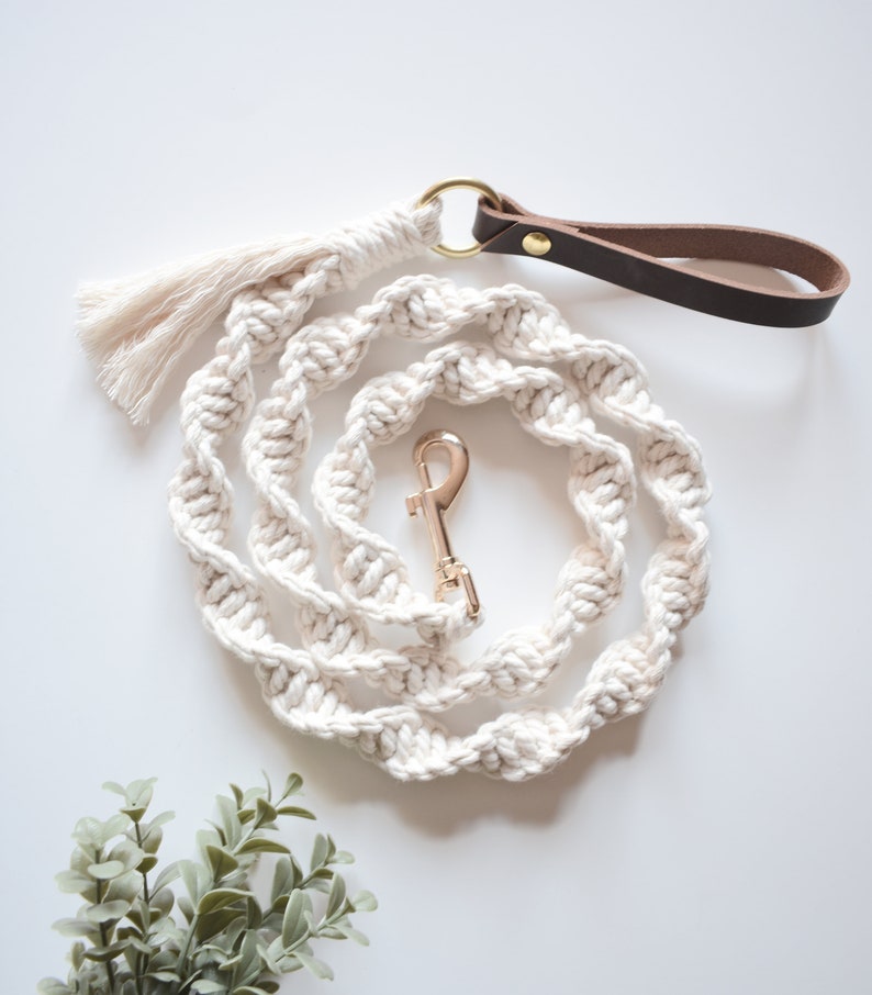 May include: A white cotton rope dog leash with a brown leather handle and a gold metal clasp. The leash has a white tassel at one end.