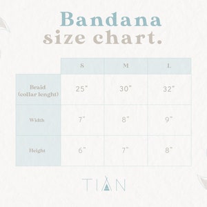 May include: A chart showing the size options for bandanas. The chart includes the braid length, width, and height of the bandana in inches. The sizes are small, medium, and large.
