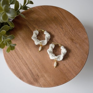 Macrame Hoop Earrings: River Pearl, Stainless Steel, Recycled Cotton