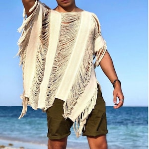 Tulum frayed poncho, Daisy outfit, festival outfit, tribal, burningmem boho men outfit, frayed tulum men outfit, mikonos men, men poncho