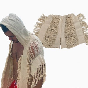 Set tulum frayed cape and short, festival outfit, tulum men outfit, men beachwear, bohemian men clothing, rave ceremonial men outfit, tassel
