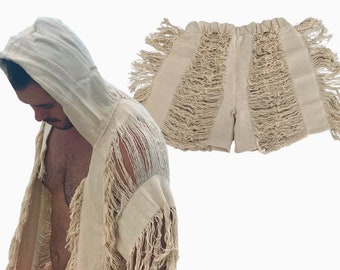 Set tulum frayed cape and short, festival outfit, tulum men outfit, men beachwear, bohemian men clothing, rave ceremonial men outfit, tassel