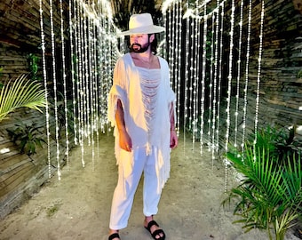 Tulum frayed poncho, outfit, festival outfit, tribal, burning man boho men outfit, frayed tulum men outfit, mikonos men, ceremonial fest