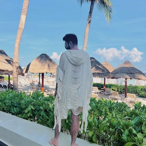 Set tulum frayed cape and short, festival outfit, tulum men outfit, men beachwear, bohemian men clothing, rave ceremonial men outfit, tassel