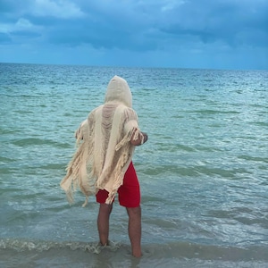 Hoodie beach cape, boho tulum men kimono beach, frayed tulum open kaftan, Mexican men poncho, burning men outfit,hooded festival