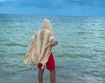 Hoodie beach cape, boho tulum men kimono beach, frayed tulum open kaftan, Mexican men poncho, burning men outfit,hooded festival