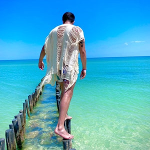 Men Beach tulum cover up, boho men cover up, beach tulum kimono, bohemian beach wear, boho beach outfit, frayed tulum beach goa style