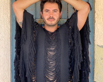Tulum frayed poncho, outfit, festival outfit, tribal, burning man boho men outfit, frayed tulum men outfit, mikonos men, ceremonial fest