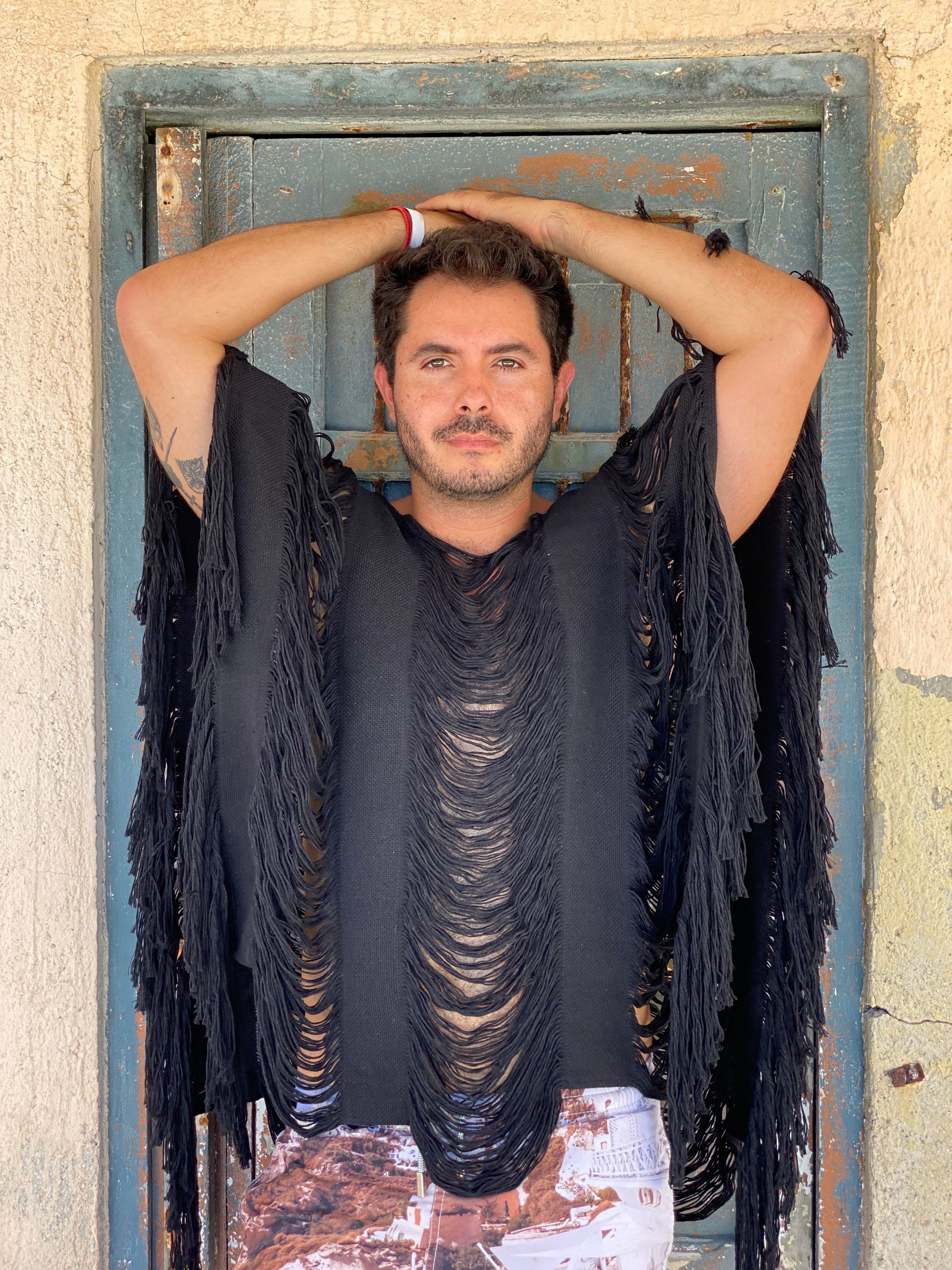 Tulum frayed poncho, outfit, festival outfit, tribal, burning man boho men outfit, frayed tulum men outfit, mikonos men, ceremonial fest