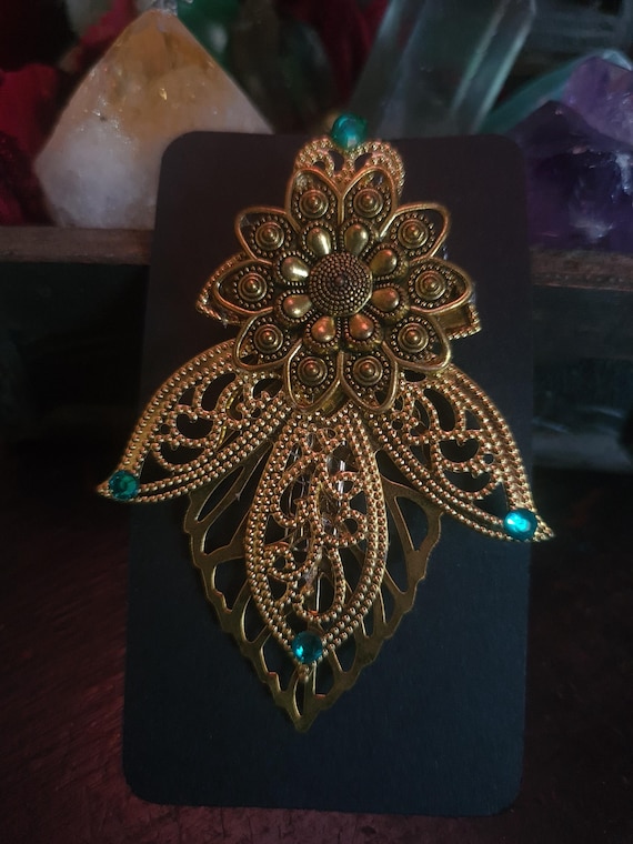 Gold Filigree Floral Hair Clip, Turquoise Accent, Vintage 