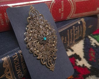 Antique Bronze Filigree Hair Clip, Vintage Floral Barrette, Blue Jewel