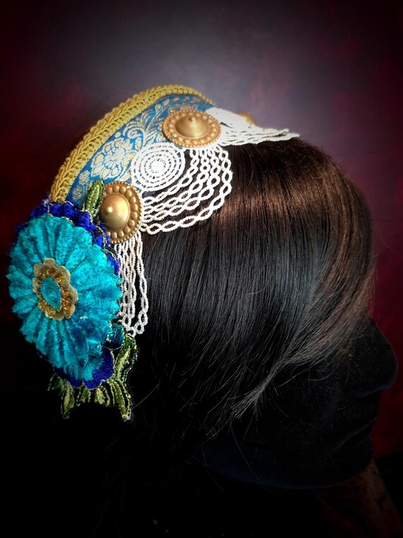 Blue and Gold Flower Headband, Vintage Style, Tribal 