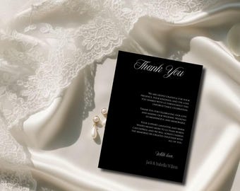 de remerciement noir et blanc pour mariage de luxe |  Modèle de toile modifiable |  Mariage cravate noire | Éditorial Mariage | Téléchargement numérique