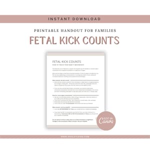 Puede incluir: Un folleto imprimible para familias titulado "Fetal Kick Counts". El documento incluye información sobre cómo rastrear los movimientos de un bebé. El diseño presenta una combinación de colores rosa suave y blanco con el texto "Edit in Canva."