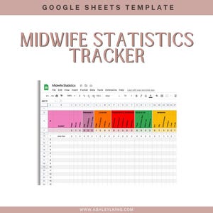 May include: A Google Sheets template titled "Midwife Statistics Tracker" with a spreadsheet showing a chart with colored columns and rows of numbers. The spreadsheet has a tab labeled "AWTS".