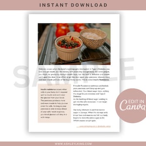 May include: A printable digital download with information about insulin resistance and diabetes. The document includes a photo of a red and white casserole dish with a green garnish. The text includes the words "Instant Download", "Insulin Resistance", "Diabetes", and "Edit in Canva".