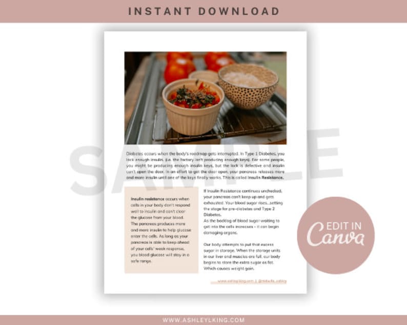 May include: A printable digital download with information about insulin resistance and diabetes. The document includes a photo of a red and white casserole dish with a green garnish. The text includes the words "Instant Download", "Insulin Resistance", "Diabetes", and "Edit in Canva".