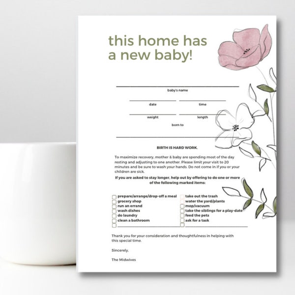 New Baby Door Sign - Floral | Printable PDF | Midwife, Doula, Childbirth Educator, New Mom, Nurse, Postpartum, Birth, Pregnancy