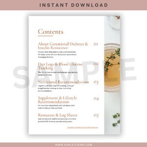May include: A printable guide with a beige background and brown text. The guide is titled "Contents" and lists five sections: "About Gestational Diabetes & Insulin Resistance", "Diet Logs & Blood Glucose Tracking", "Nutritional Recommendations", "Supplement & Lifestyle Recommendations", and "Resources & Log Sheets".