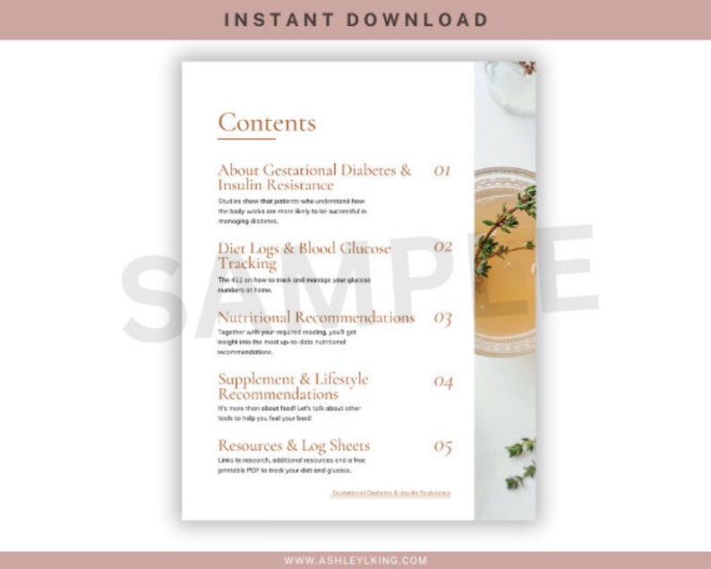 May include: A printable guide with a beige background and brown text. The guide is titled "Contents" and lists five sections: "About Gestational Diabetes & Insulin Resistance", "Diet Logs & Blood Glucose Tracking", "Nutritional Recommendations", "Supplement & Lifestyle Recommendations", and "Resources & Log Sheets".