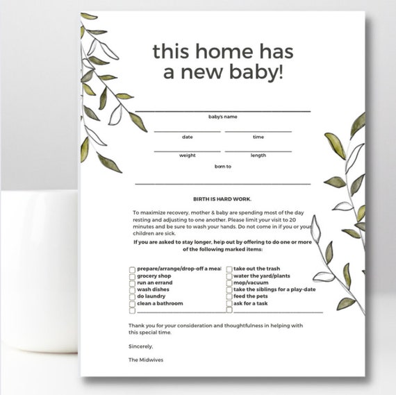 New Baby Door Sign Greenery Printable PDF Midwife | Etsy