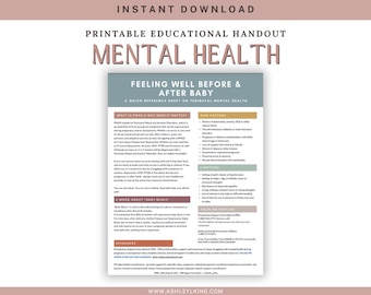 May include: Printable handout with a peach, gray, and teal color scheme titled "Feeling Well Before & After Baby: A Quick Reference Sheet on Perinatal Mental Health". The handout provides information about perinatal mental health, including risk factors, symptoms, and resources.