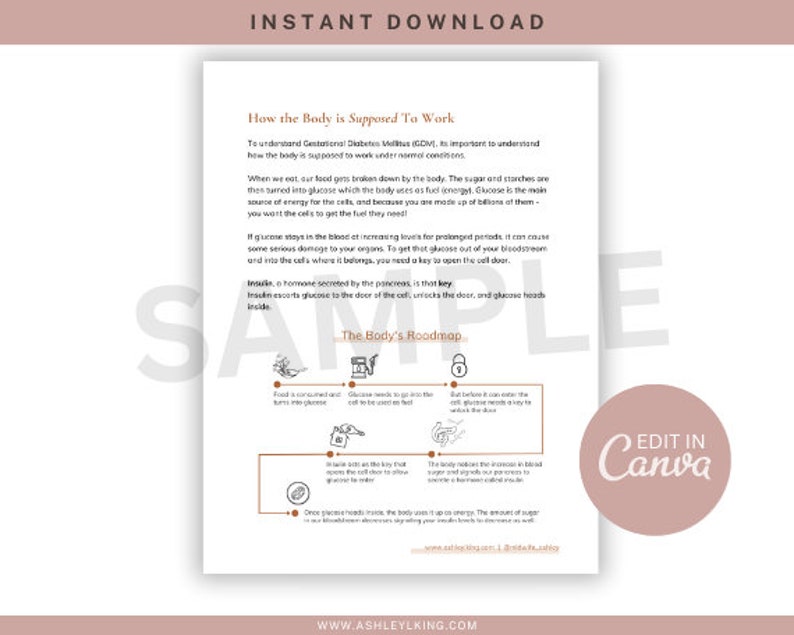 May include: A printable infographic explaining how glucose enters cells in the body. The infographic uses a key and lock analogy to illustrate the role of insulin in helping glucose enter cells. The infographic includes the text "How the Body is Supposed to Work" and "The Body's Roadmap".