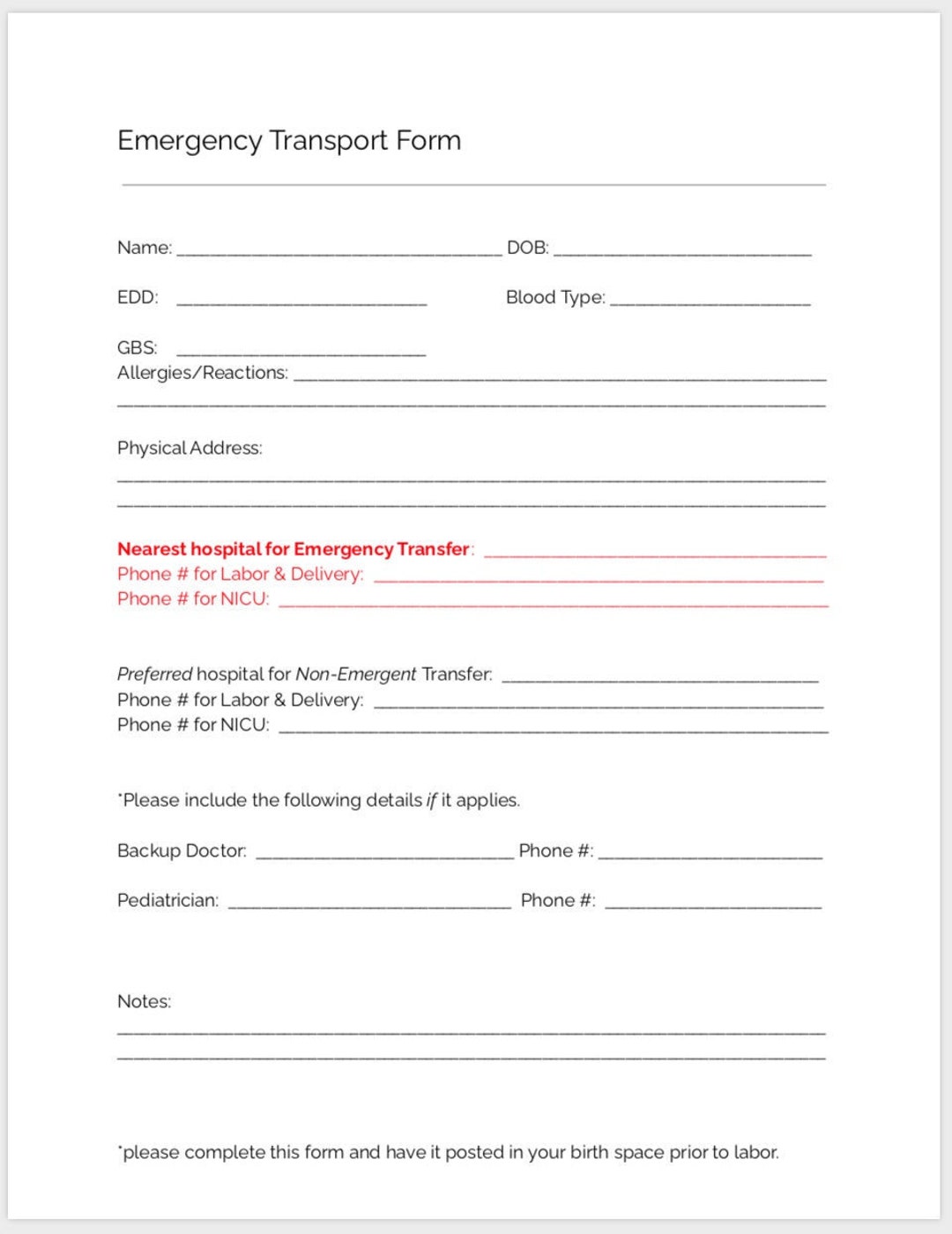 Emergency Transport Form Printable PDF Midwife, Doula, Childbirth