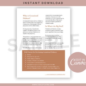 May include: A printable infographic about gestational diabetes, a type of diabetes that occurs during pregnancy. The infographic includes information about the condition, its causes, risk factors, and the potential risks to the baby if left untreated. The infographic is designed in a light brown and white color scheme with a pink accent color.