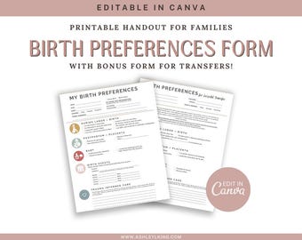 Birth Preferences Form | Editable Canva Template | Printable PDF | Hospital Transfer Plan | Midwife Client Handout