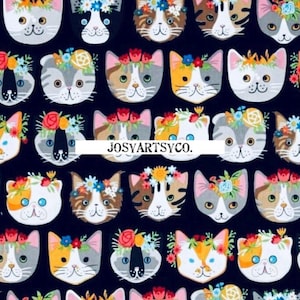 HTF Robert Kaufman Neiko Ng Whiskers & Tails Floral Cat Heads Fabric