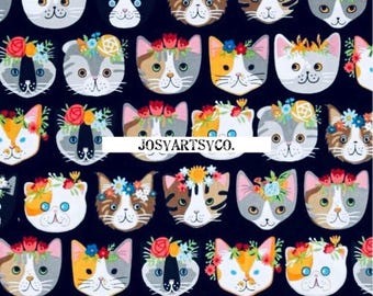 HTF Robert Kaufman Neiko Ng Whiskers & Tails Floral Cat Heads Fabric by the Yard