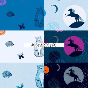 May include: A collage of whimsical illustrations on a light blue background. The designs include a blue bear, a hedgehog, a butterfly, and a unicorn. The text "JOSYARTSYCO." is in the center. The color palette includes shades of blue, purple, and orange.