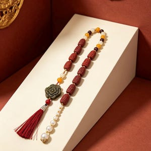 May include: A decorative string of prayer beads featuring cylindrical dark red carved wooden beads, interspersed with smaller yellow and white spherical beads. A dark green carved flower pendant is attached, finished with a long dark red tassel.