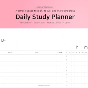 Könnte beinhalten: Ein Daily Study Planner als druckbares PDF auf rosa Hintergrund. Das Dokument enthält Spalten für Fach, Aufgabe und Check sowie ein Zeitraster mit Stunden und Minuten. Text: Instant Download, A simple space to plan, focus, and make progress, Daily Study Planner, Printable PDF, 4 Paper Sizes, Multiple Layouts, 4 Colors und bbogleshop.etsy.com.