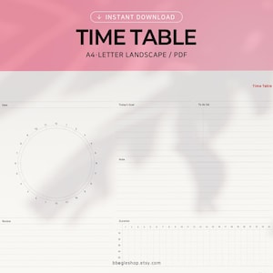 Time Table Printable PDF, Daily Schedule Planner, Hourly Planner, A4 Letter