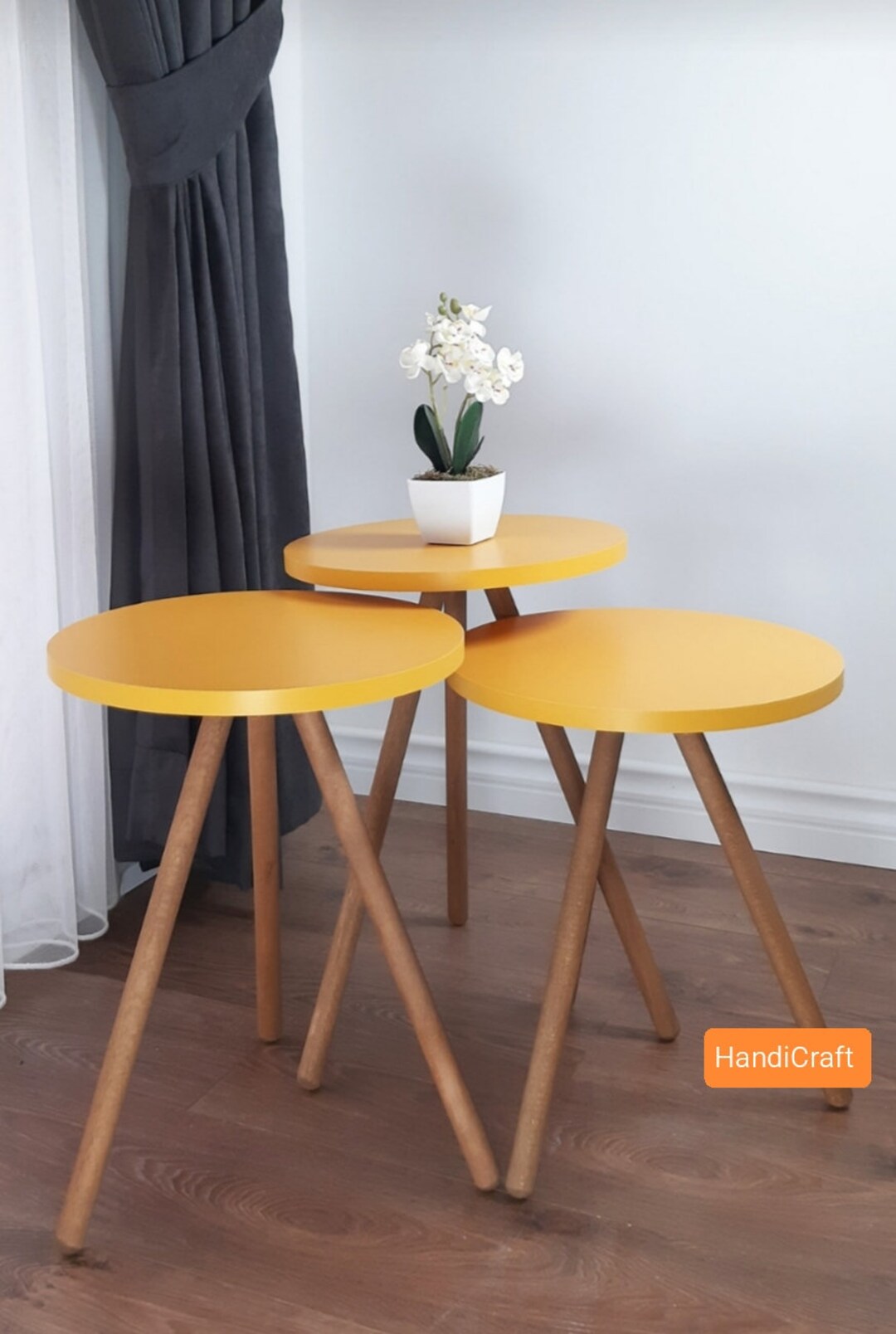 Triple Wooden Leg Round Table&coffee Table Set Home Design Etsy