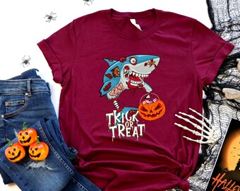 Cute Halloween Shirt, Trick or Treat Zombie Shark Shirt, , Halloween pumpkin Spider, Halloween boys boy Shirt, gift for her  girls kids