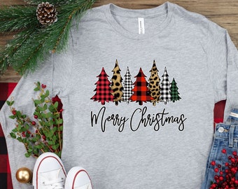 Merry Christmas Shirt, Plaid leopard cheetah Santa, Christmas trees, Christmas Gift for Wife, buffalo plaid, tree shirt, Christmas Party Tee
