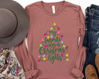 Mijn favoriete kleur is Christmas Lights Shirt, Christmas Shirt met lange mouwen, Merry Christmas Shirt, kerstcadeau, vriendin cadeau