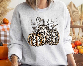 Leopard Design Kürbisse Tshirt, Herbstfarben Kürbis Shirt, Thanksgiving Shirt, Kürbis Liebhaber Pullover, Thanksgiving Day Geschenk, Herbst Vibes T
