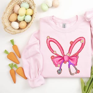 Nurse Easter Bunny Shirt, Easter Shirt with Bow for Nurse, Christian Shirt, Pink Bunny Tshirt, Easter Day Nurse Tshirt, Easter Day Outfit