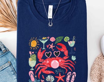 Summer Vibes Vacation Shirt, Funny Crab Shirt, Crab Blowing Bubble Graphic Tee, Summer Vacation Tee for Women, Girls Beach Vibes Shirt Gift