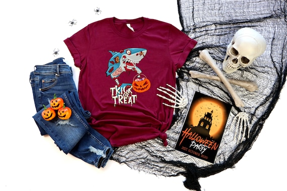 Cute Halloween Shirt, Trick or Treat Zombie Shark Shirt, , Halloween pumpkin Spider, Halloween boys boy Shirt, gift for her  girls kids