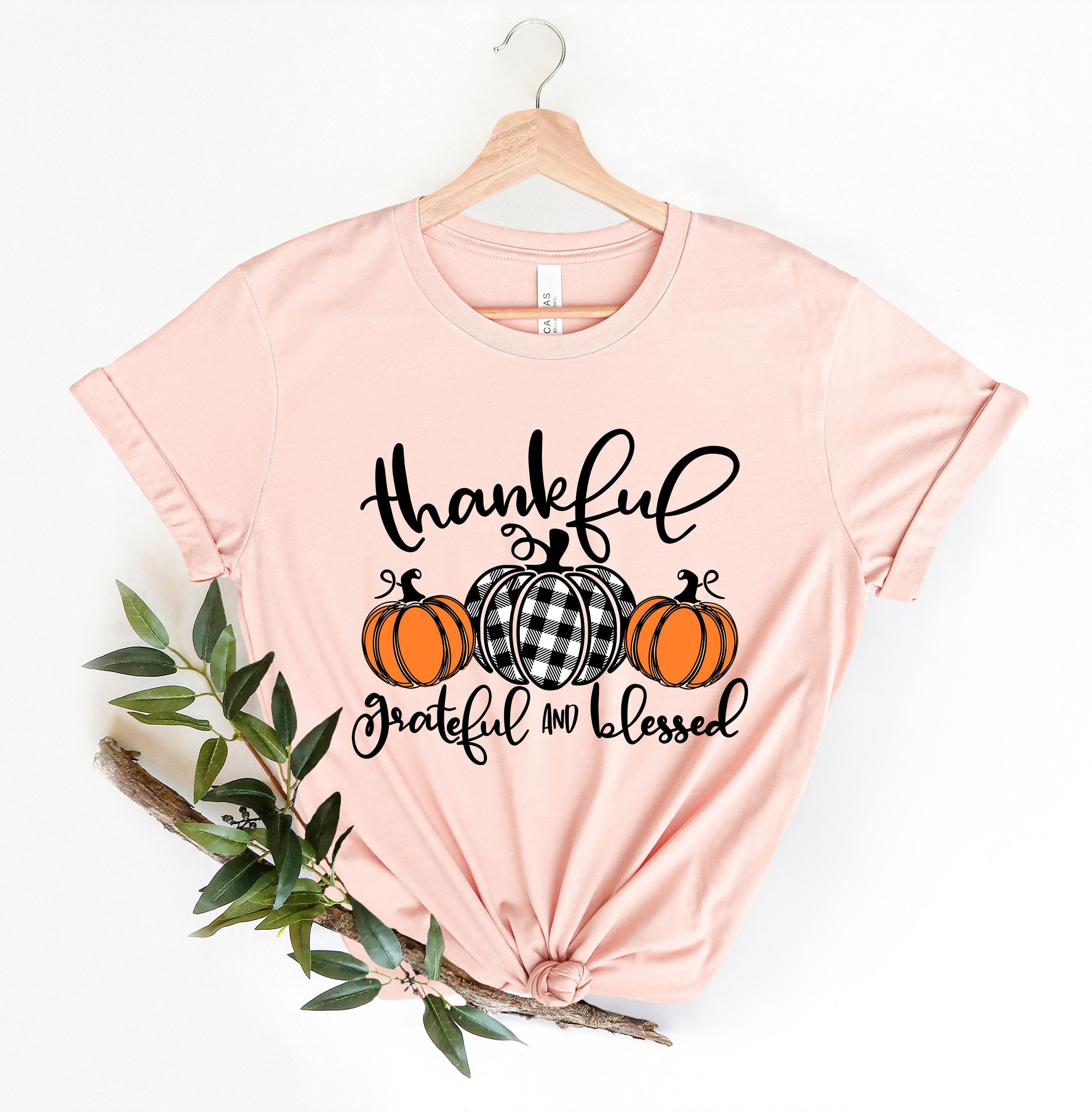 Thankful Grateful Blessed Pumpkin T-Shirt For Women - Long Sleeve Baseball Tee With Leopard Print Sleeves - View #5
