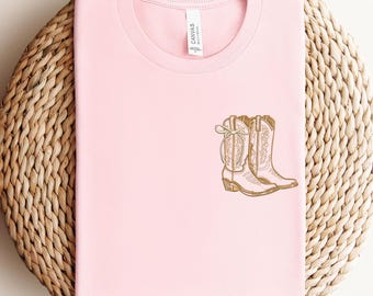 Embroidered Cowboy Boots Shirt, Western Aesthetic Tee, Cowgirl Graphic T-Shirt, Country Style Shirt, Boot Embroidery Top, Cute Rodeo Outfit