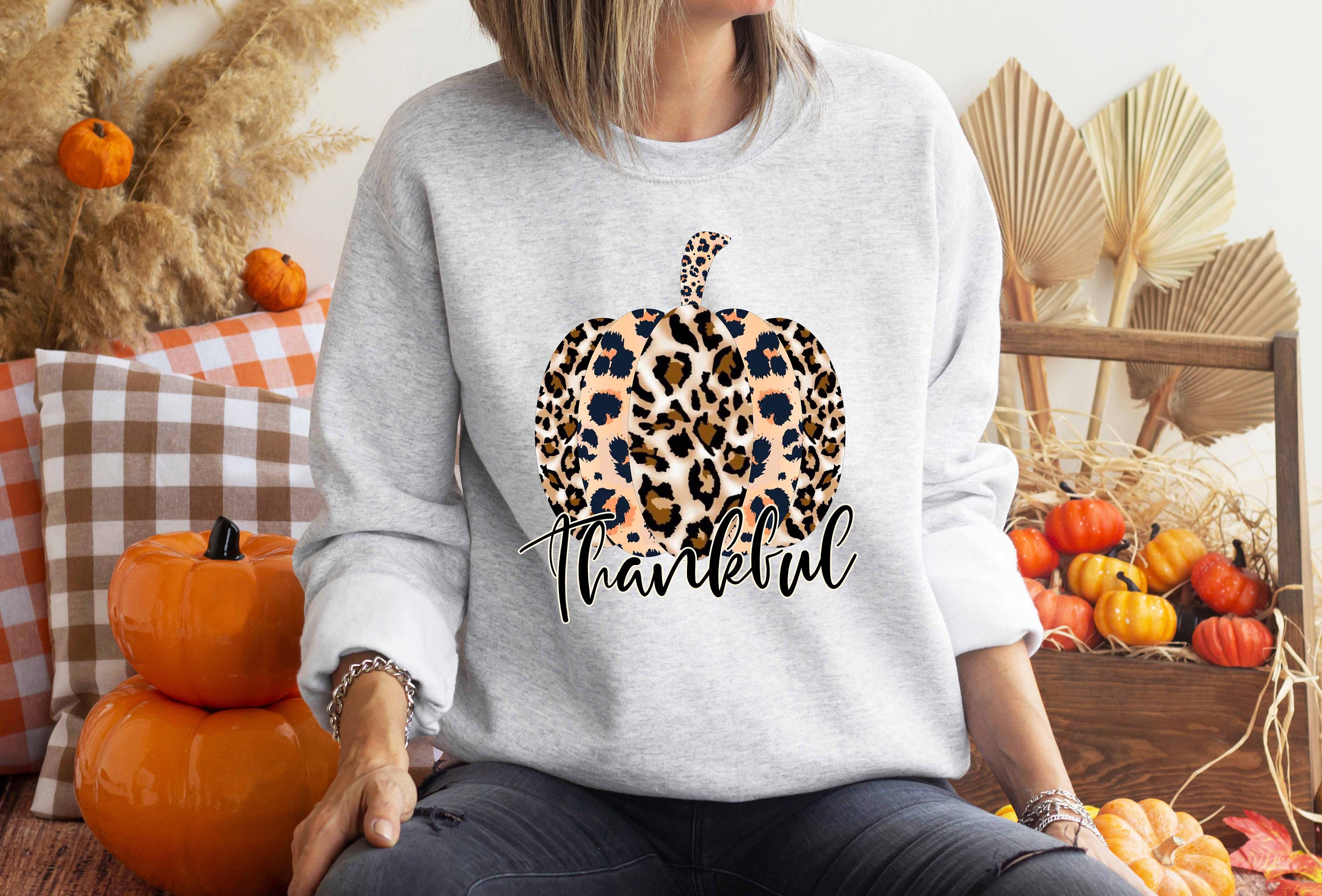 Funny Thanksgiving Shirt For Women - Thankful Leopard Pumpkin Graphic Tee, Short Sleeve, Crew Neck - View #6